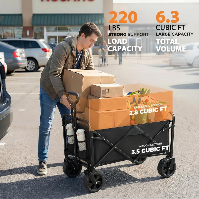 Eworld Collapsible Wagon 220 lbs, Heavy Duty Foldable Utility Wagon with All-Terrain Wheels & Drink Holders for Groceries, Beach, Shopping, Sports & Camping (Black) - Image 2